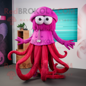 Magenta Kraken mascot costume character dressed with a Pencil Skirt and Beanies