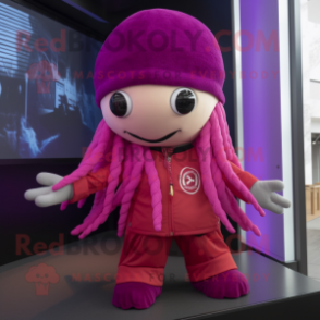 Magenta Kraken mascot costume character dressed with a Pencil Skirt and Beanies