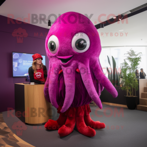 Magenta Kraken mascot costume character dressed with a Pencil Skirt and Beanies