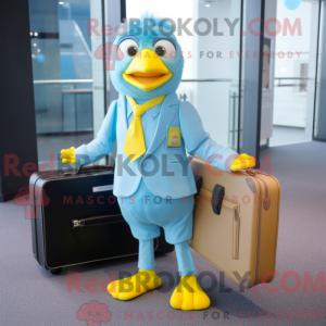 Maskotfigur af en cyan...