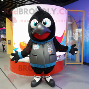 Black Ceviche mascot costume character dressed with a Bomber Jacket and Shawls