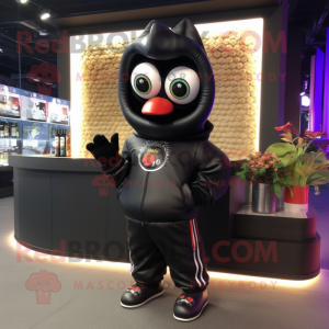 Black Ceviche mascot costume character dressed with a Bomber Jacket and Shawls