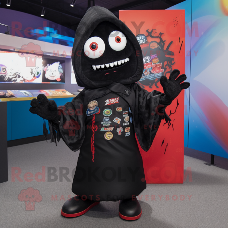 Black Ceviche mascot costume character dressed with a Bomber Jacket and Shawls