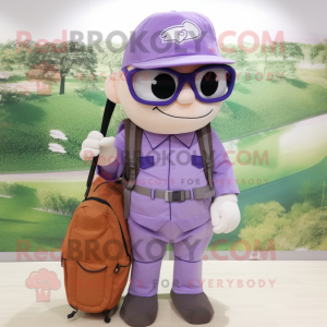 Lavender Sniper mascot costume character dressed with a Polo Shirt and Messenger bags