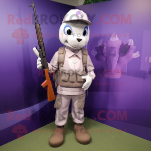 Lavender Sniper mascot costume character dressed with a Polo Shirt and Messenger bags