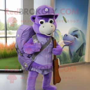 Lavender Sniper mascot costume character dressed with a Polo Shirt and Messenger bags