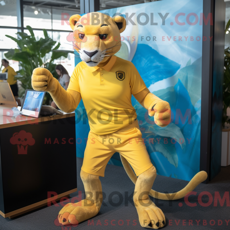 Fantasia de mascote de uma Pantera Amarela com bermuda e abotoaduras - Pantera Mascotes - REBROKO_430565 - RedBrokoly.com