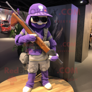 Lavender Sniper mascot costume character dressed with a Polo Shirt and Messenger bags