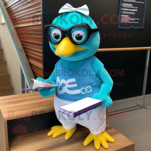 Turquoise Pigeon mascot costume character dressed with a Graphic Tee and Reading glasses