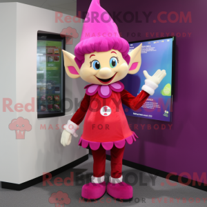 Maskotfigur af en magenta...