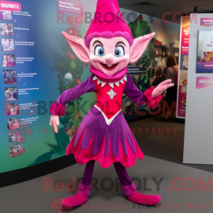 Maskotfigur af en magenta...