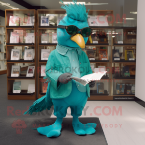 Turquoise Pigeon mascot costume character dressed with a Graphic Tee and Reading glasses