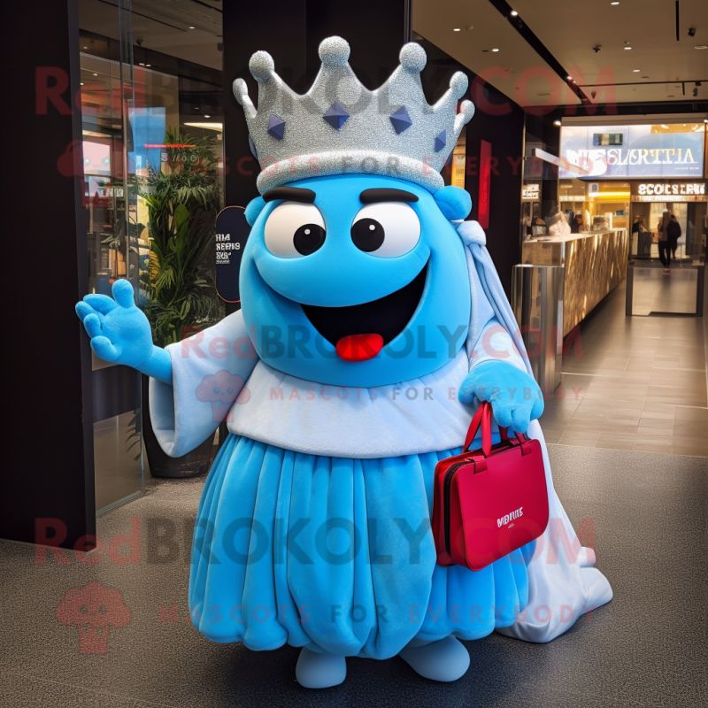 Sky Blue Queen mascot costume character dressed with a T-Shirt and Wallets