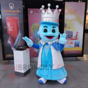 Sky Blue Queen mascot costume character dressed with a T-Shirt and Wallets