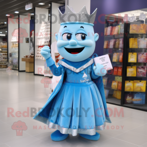Sky Blue Queen mascot costume character dressed with a T-Shirt and Wallets