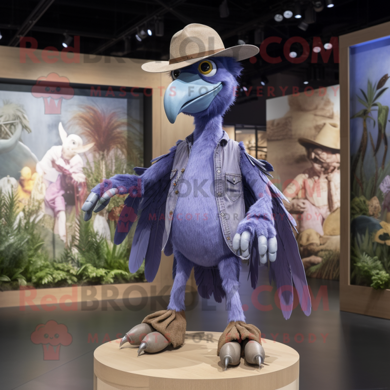 Lavender Archeopteryx mascot costume character dressed with a Denim Shirt and Wraps