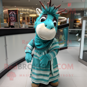 Teal Quagga mascot costume character dressed with a Wrap Dress and Headbands