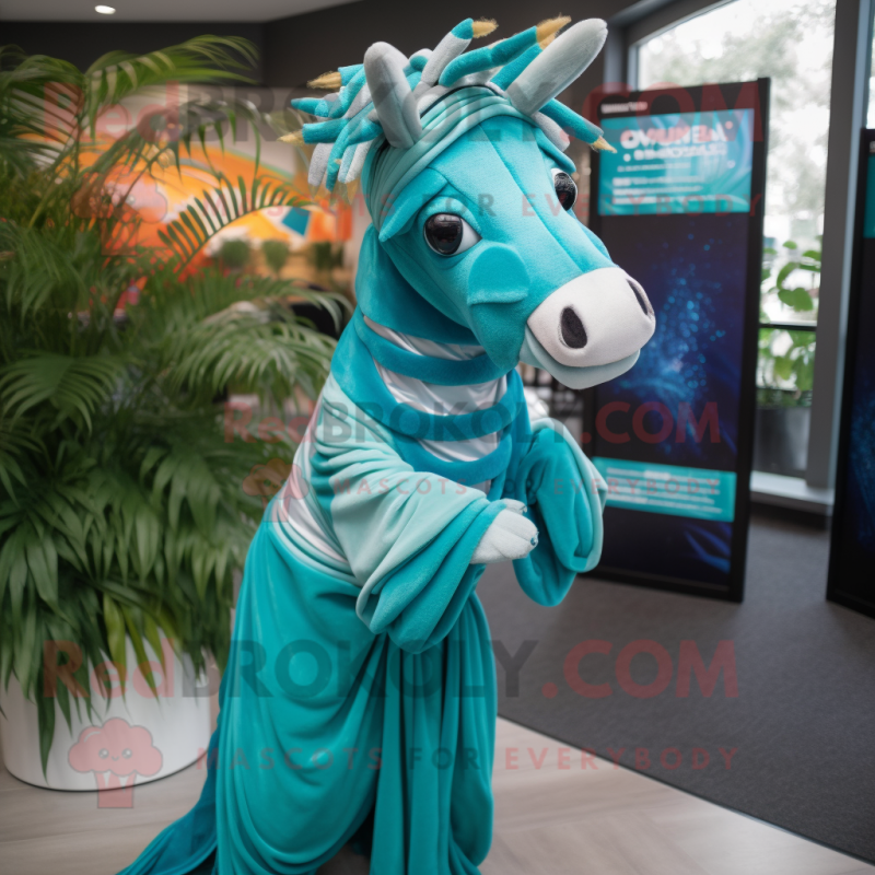 Teal Quagga mascot costume character dressed with a Wrap Dress and Headbands Teal Quagga mascot costume character dressed with a Wrap Dress and Headbands