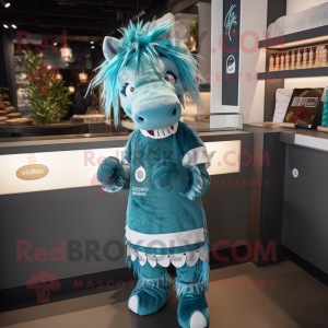 Teal Quagga mascot costume character dressed with a Wrap Dress and Headbands