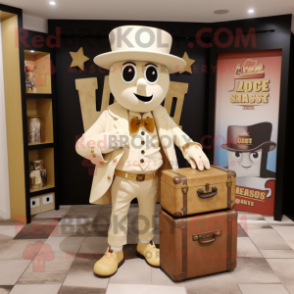 Beige Treasure Chest mascot costume character dressed with a Blazer and Messenger bags