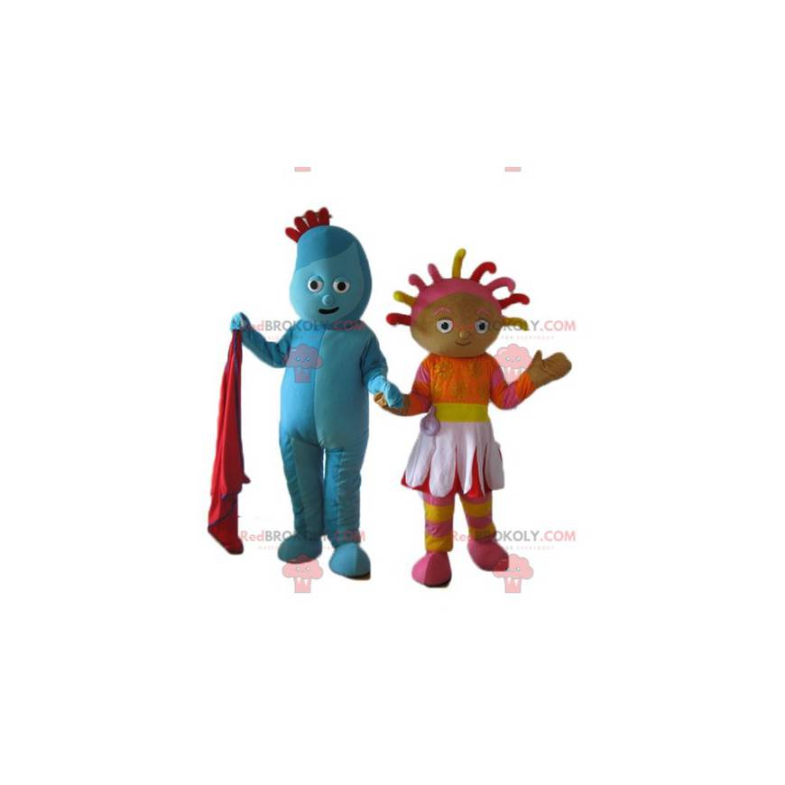 2 mascots, one of a blue snowman, the other of a colored girl -