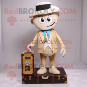 Beige Treasure Chest mascot costume character dressed with a Blazer and Messenger bags