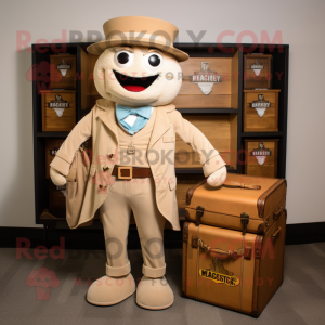 Beige Treasure Chest mascot costume character dressed with a Blazer and Messenger bags