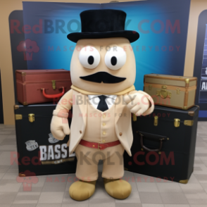 Beige Treasure Chest mascot costume character dressed with a Blazer and Messenger bags