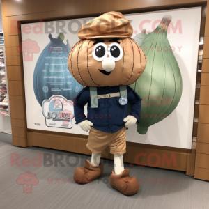 Navy Onion mascot costume character dressed with a Cargo Shorts and Tote bags