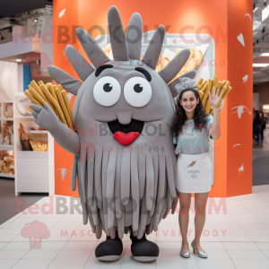 Gray French Fries mascot costume character dressed with a Culottes and Hairpins