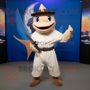 Tan Swordfish mascot costume character dressed with a Long Sleeve Tee and Belts