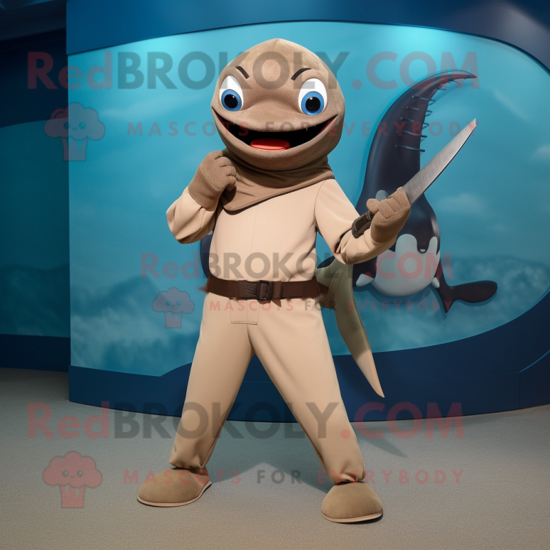 Tan Swordfish mascot costume character dressed with a Long Sleeve Tee and Belts