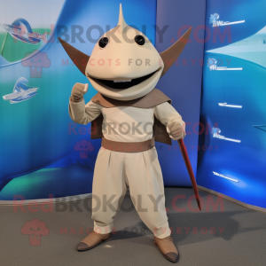 Tan Swordfish mascot costume character dressed with a Long Sleeve Tee and Belts