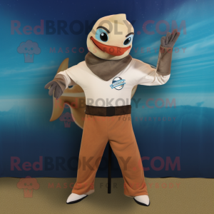 Tan Swordfish mascot costume character dressed with a Long Sleeve Tee and Belts