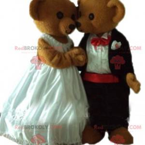 2 mascotas de oso de peluche vestidas con traje de boda -