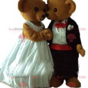 2 nallebjörnmaskoter klädd i bröllopskläder - Redbrokoly.com