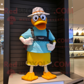 nan Duck mascot costume character dressed with a Board Shorts and Bracelet watches