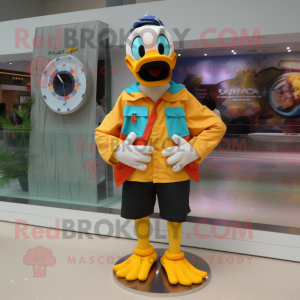 nan Duck mascot costume character dressed with a Board Shorts and Bracelet watches