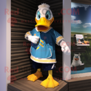 nan Duck mascot costume character dressed with a Board Shorts and Bracelet watches