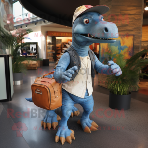 Rust Spinosaurus mascot costume character dressed with a Chambray Shirt and Messenger bags