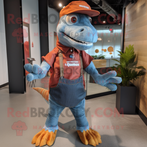 Rust Spinosaurus mascot costume character dressed with a Chambray Shirt and Messenger bags