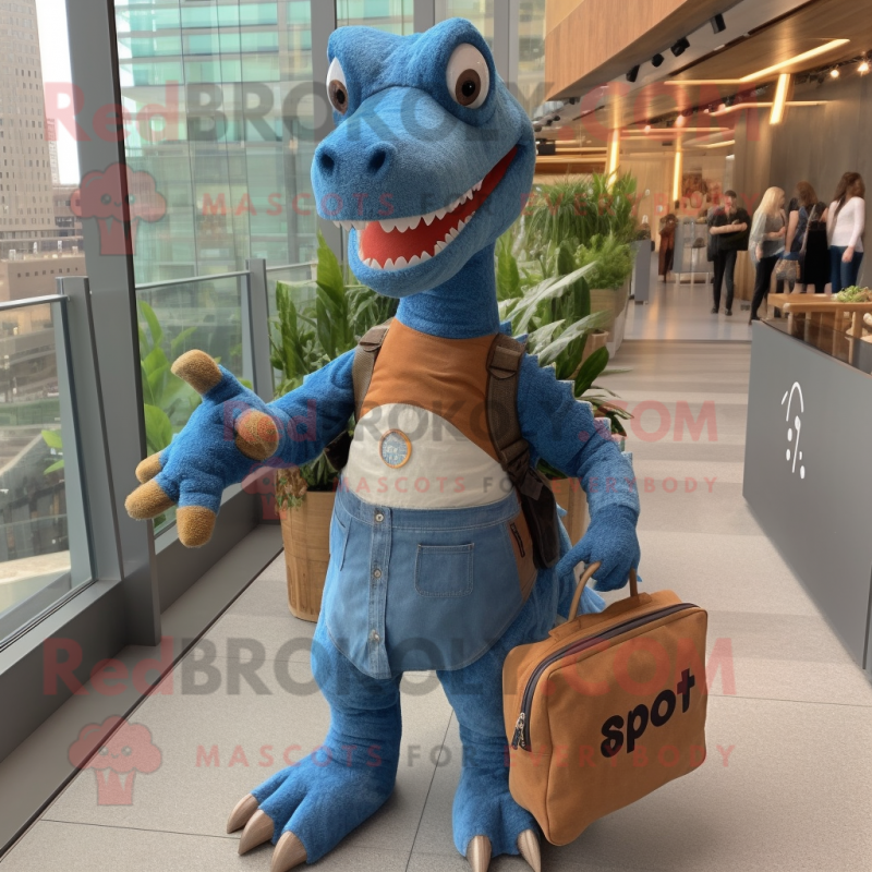 Rust Spinosaurus mascot costume character dressed with a Chambray Shirt and Messenger bags