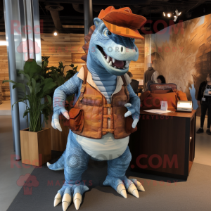 Rust Spinosaurus mascot costume character dressed with a Chambray Shirt and Messenger bags