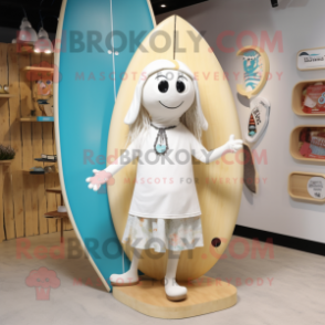 Cream Surfboard mascot costume character dressed with a Culottes and Necklaces