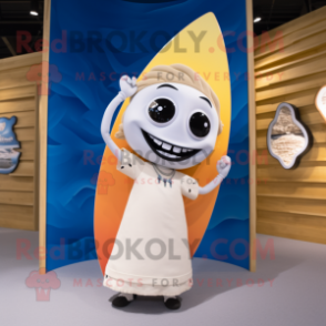 Cream Surfboard mascot costume character dressed with a Culottes and Necklaces