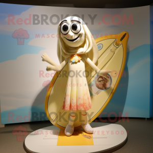 Cream Surfboard mascot costume character dressed with a Culottes and Necklaces