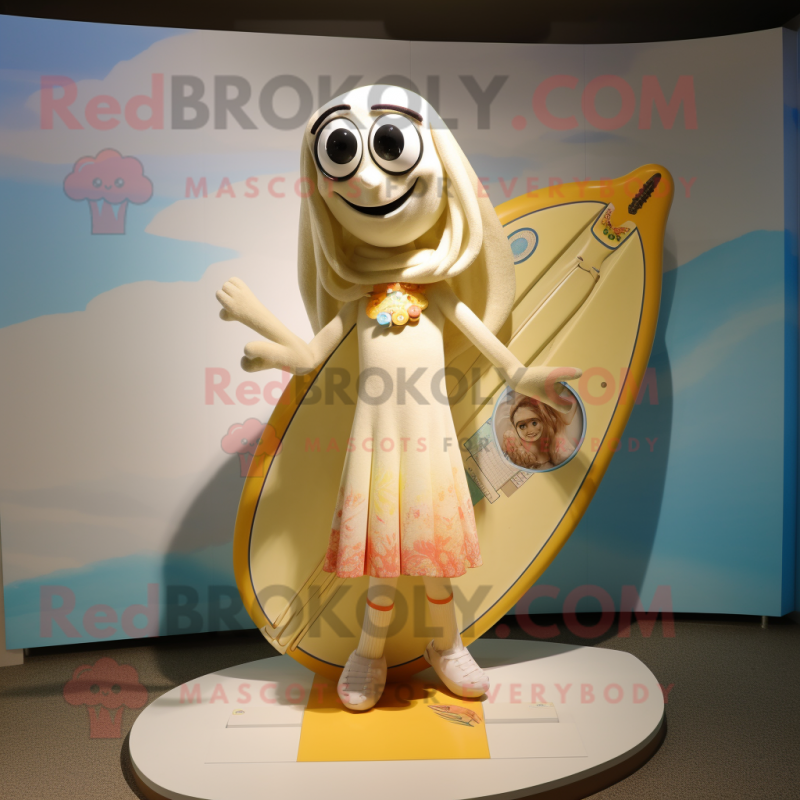 Cream Surfboard mascot costume character dressed with a Culottes and Necklaces Cream Surfboard mascot costume character dressed with a Culottes and Necklaces