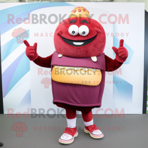 Maroon Burgers mascot costume character dressed with a Leggings and Gloves
