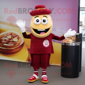 Maroon Burgers mascot costume character dressed with a Leggings and Gloves