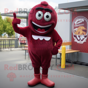 Maroon Burgers mascot costume character dressed with a Leggings and Gloves